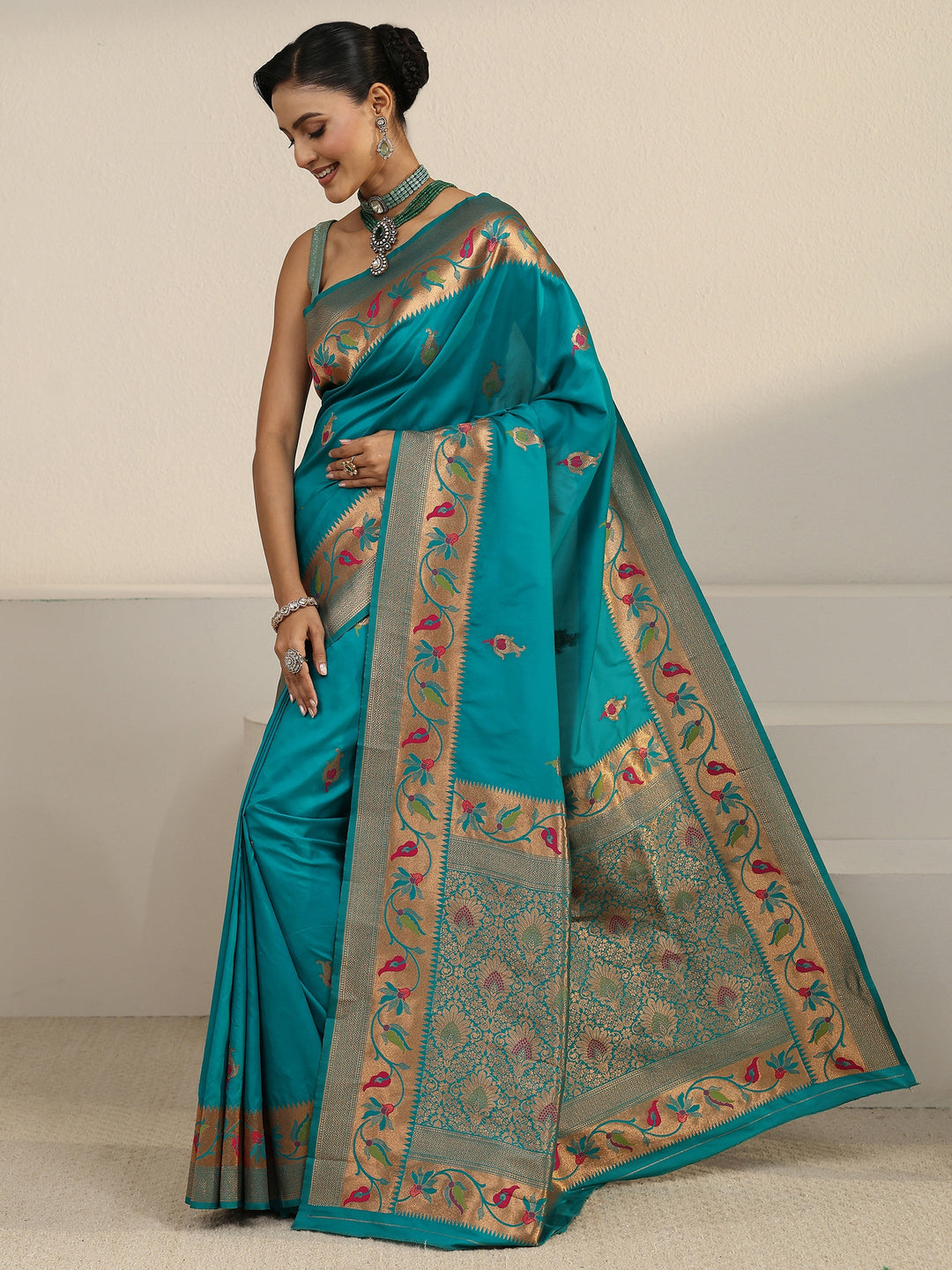  Libas Sea Green Floral Woven Design Silk Blend Saree 