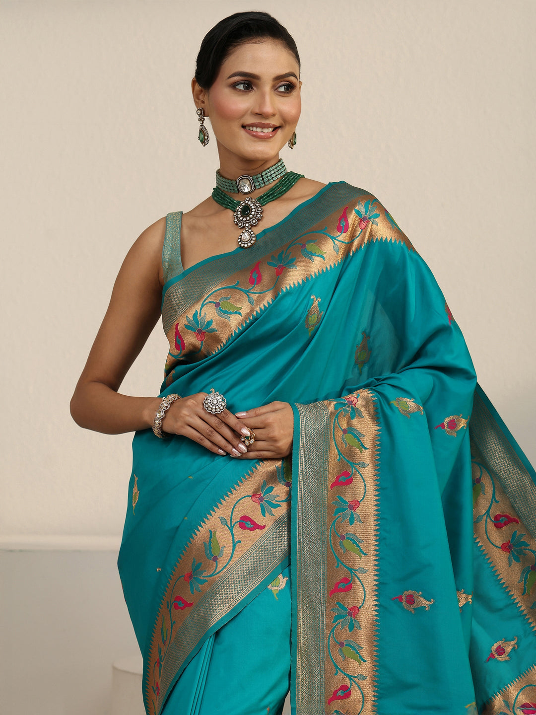  Libas Sea Green Floral Woven Design Silk Blend Saree 