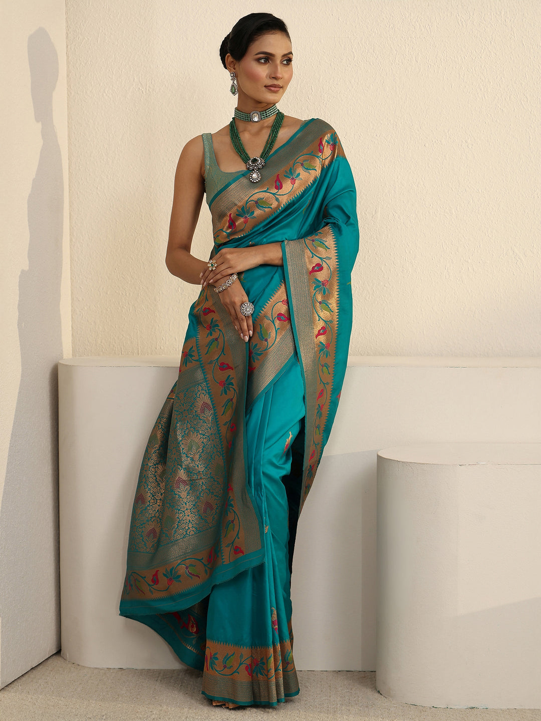  Libas Sea Green Floral Woven Design Silk Blend Saree 