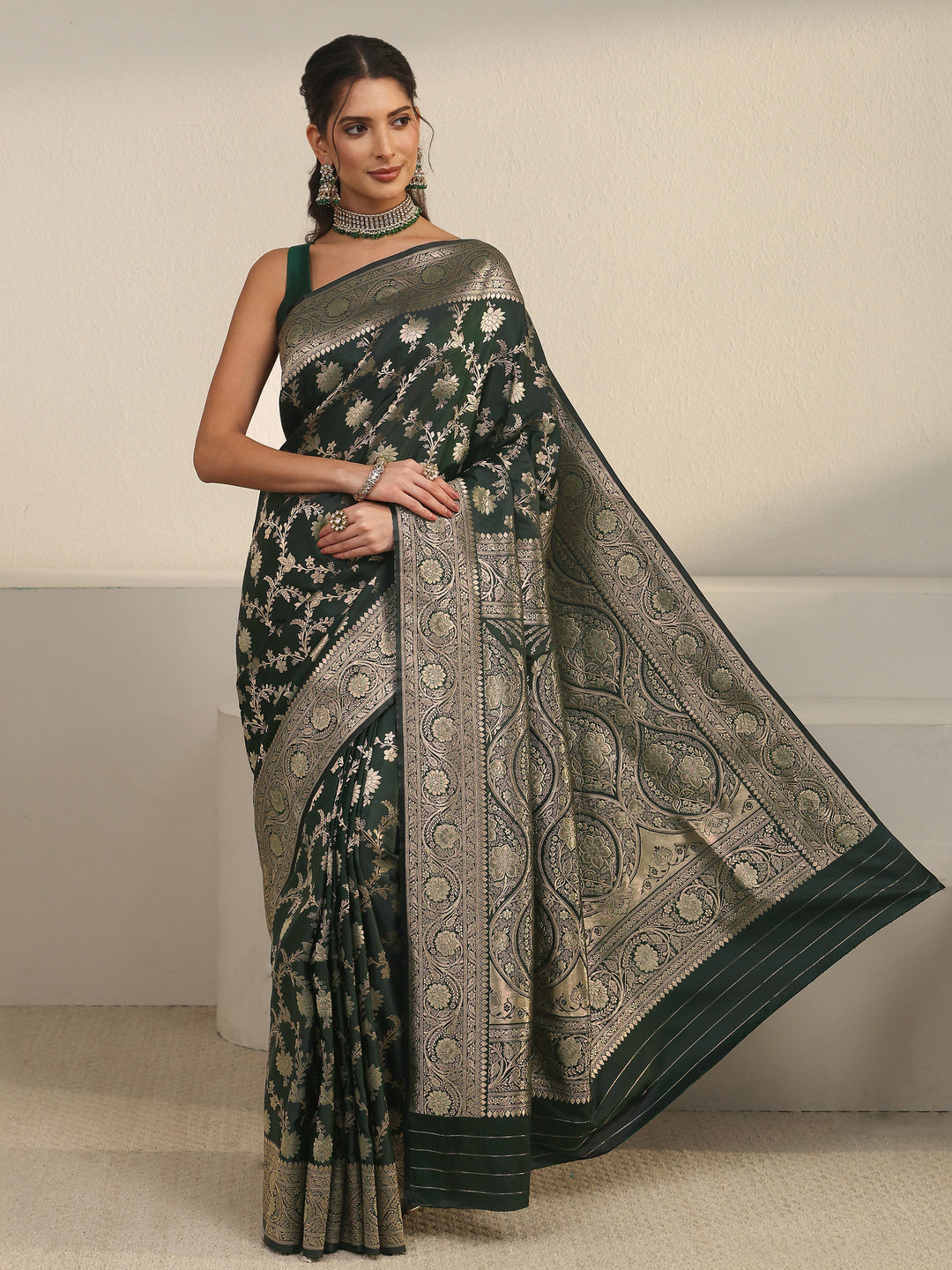  Libas Jungle Green Floral Woven Design Banarasi Satin Saree 