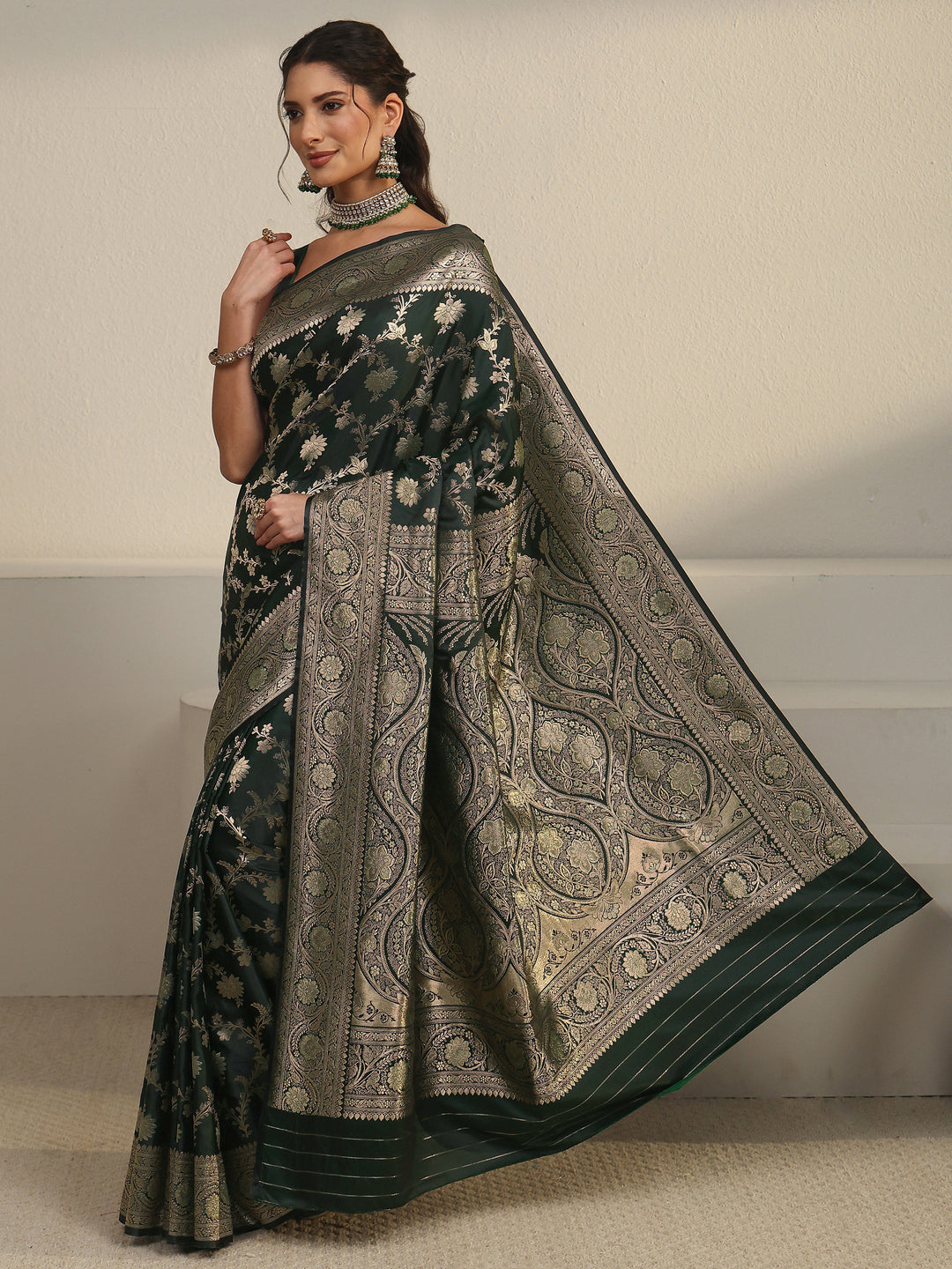  Libas Jungle Green Floral Woven Design Banarasi Satin Saree 