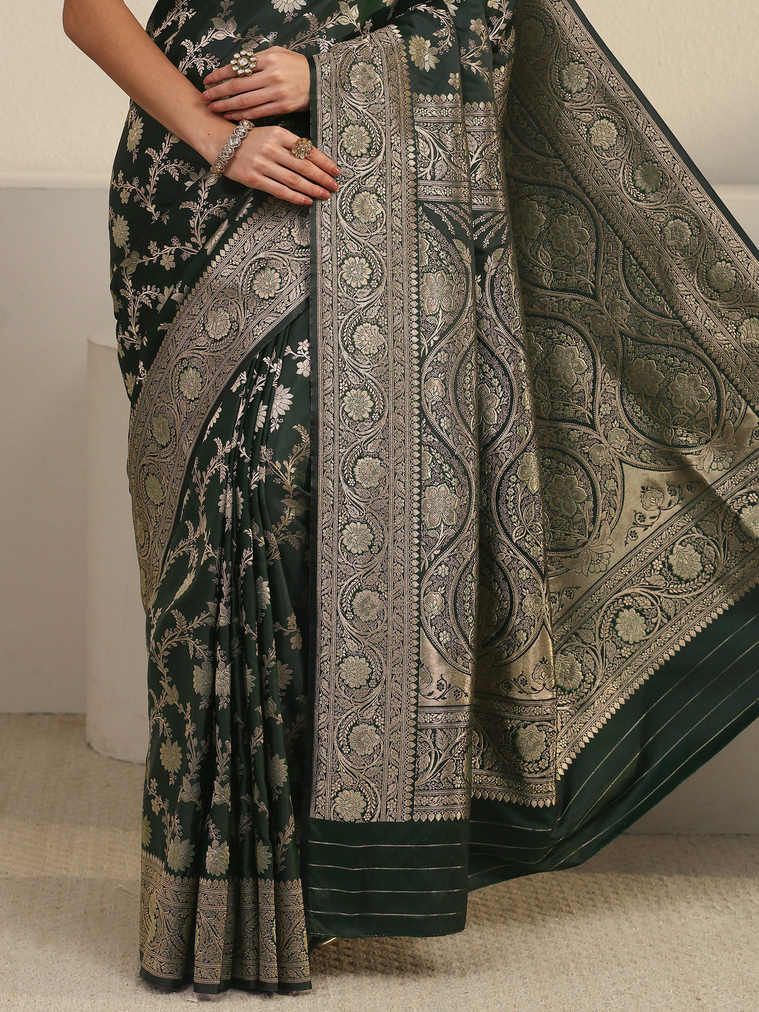  Libas Jungle Green Floral Woven Design Banarasi Satin Saree 
