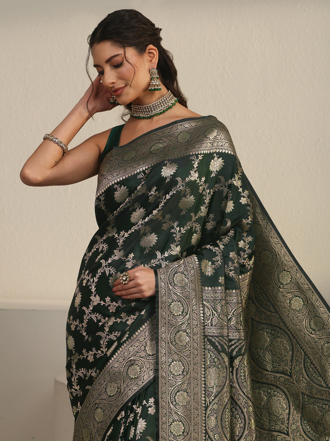  Libas Jungle Green Floral Woven Design Banarasi Satin Saree 