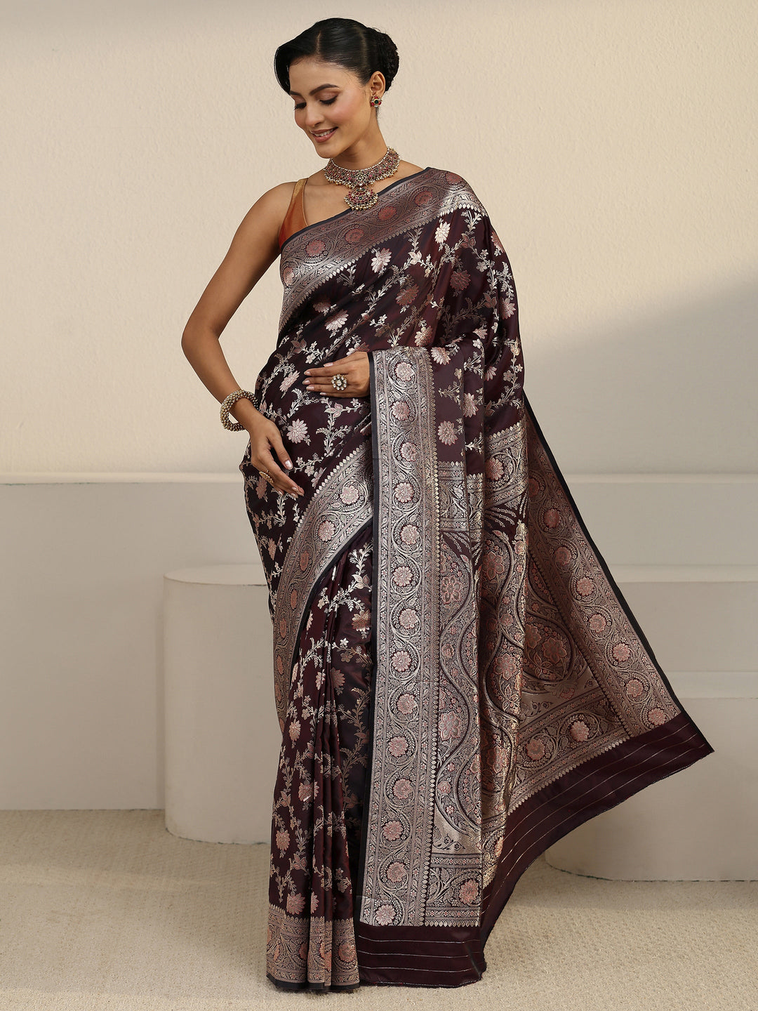  Libas Maroon Banarasi Satin Saree 