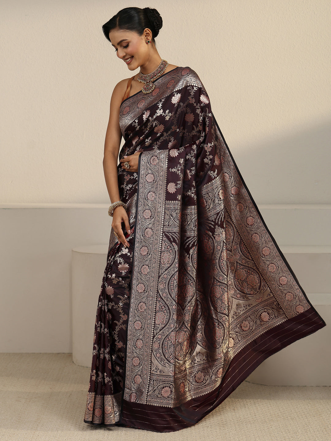  Libas Maroon Banarasi Satin Saree 