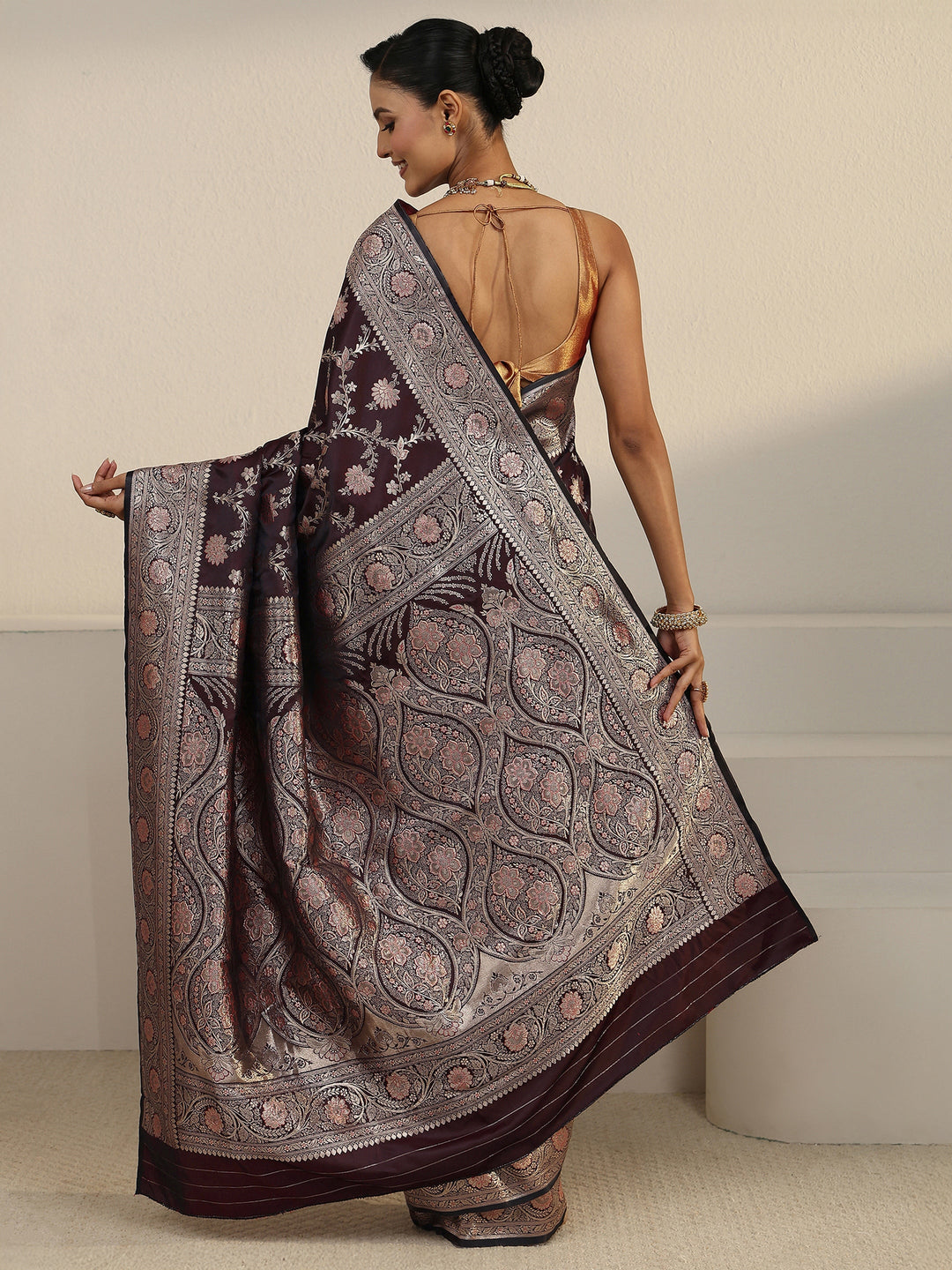  Libas Maroon Banarasi Satin Saree 