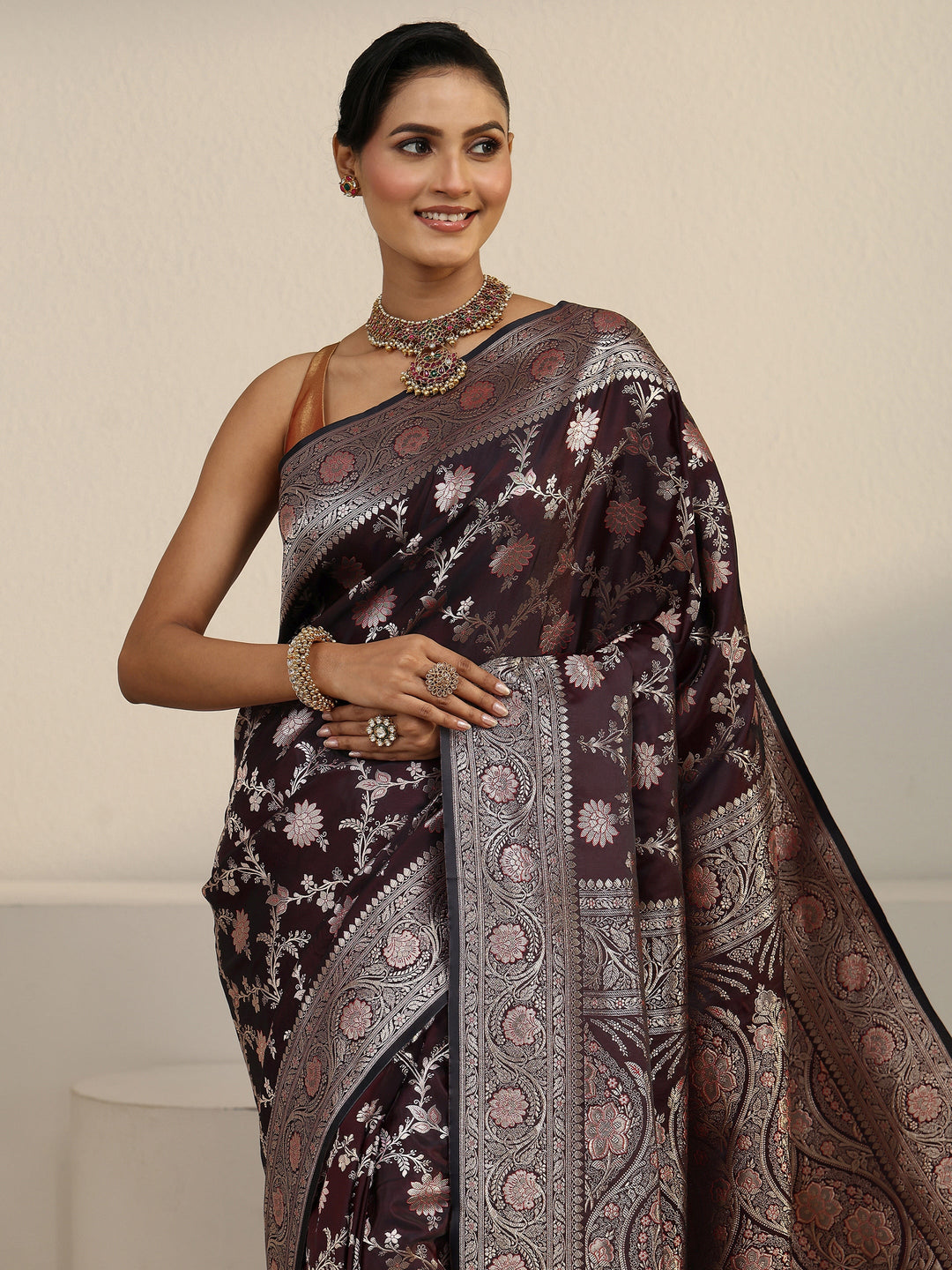 Libas Maroon Banarasi Satin Saree 
