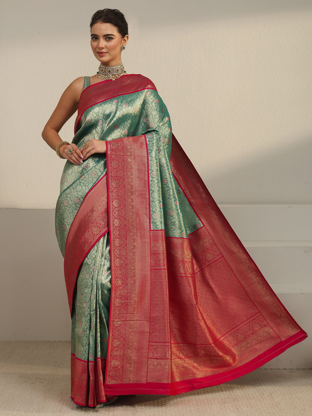 Libas Teal Green and Red Floral Woven Design Silk Blend Saree 