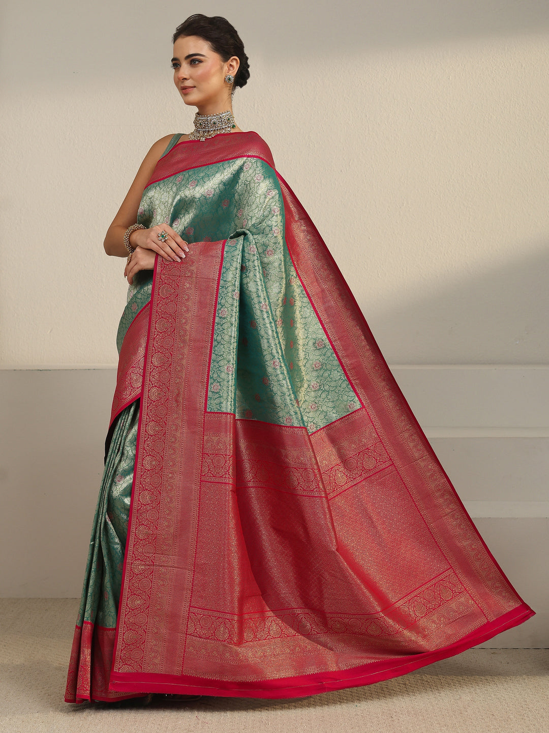  Libas Teal Green and Red Floral Woven Design Silk Blend Saree 