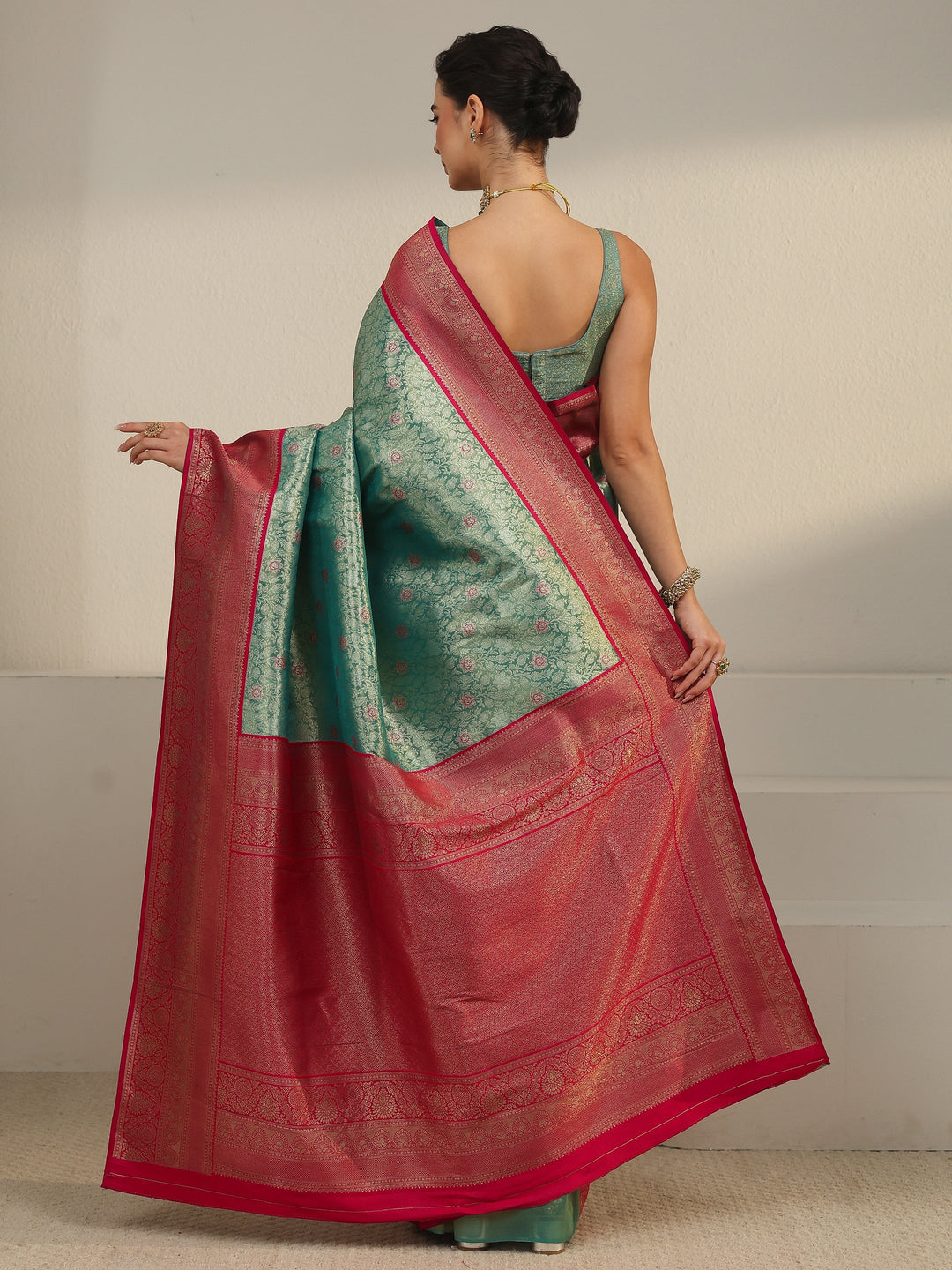  Libas Teal Green and Red Floral Woven Design Silk Blend Saree 