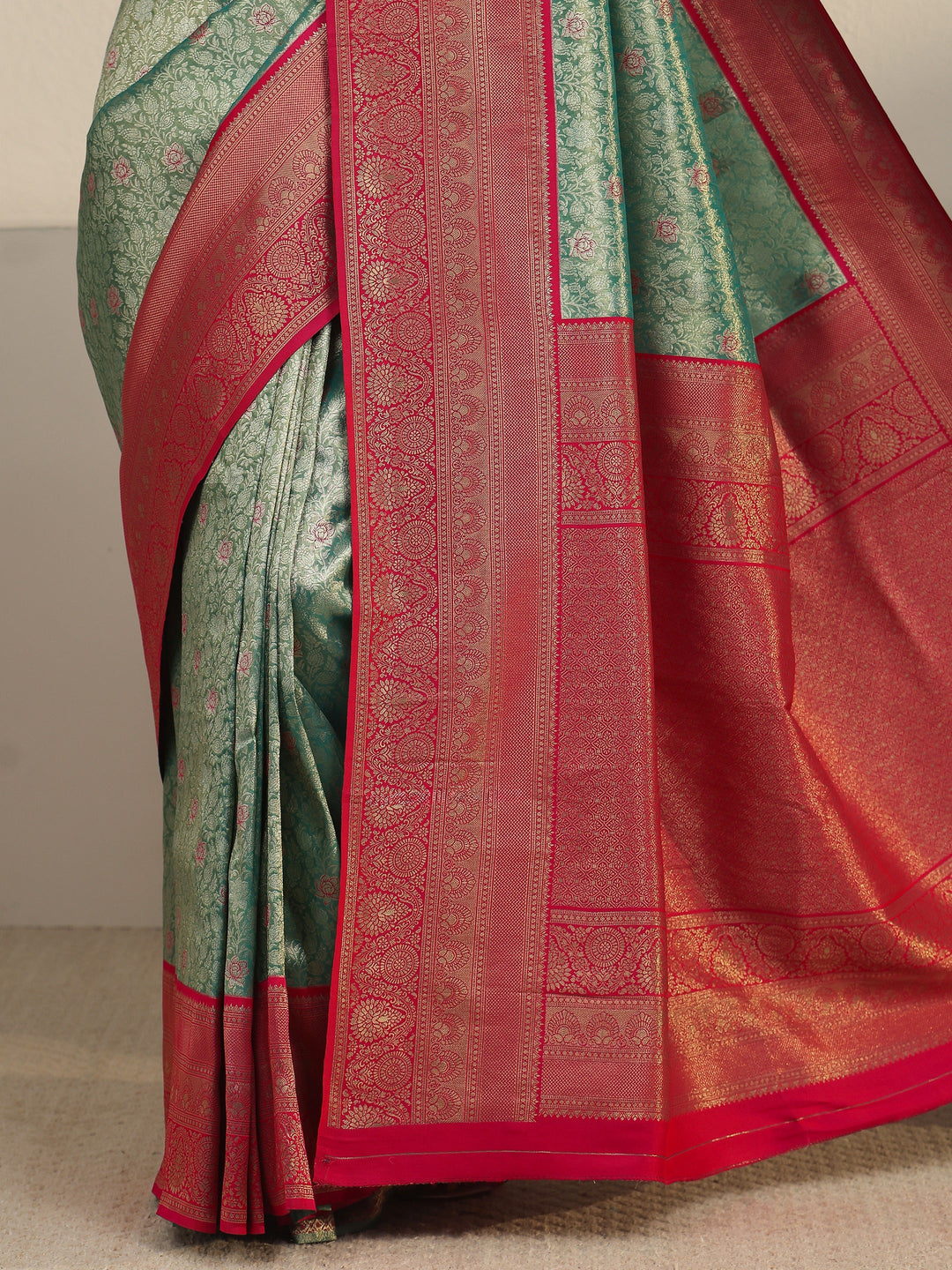  Libas Teal Green and Red Floral Woven Design Silk Blend Saree 