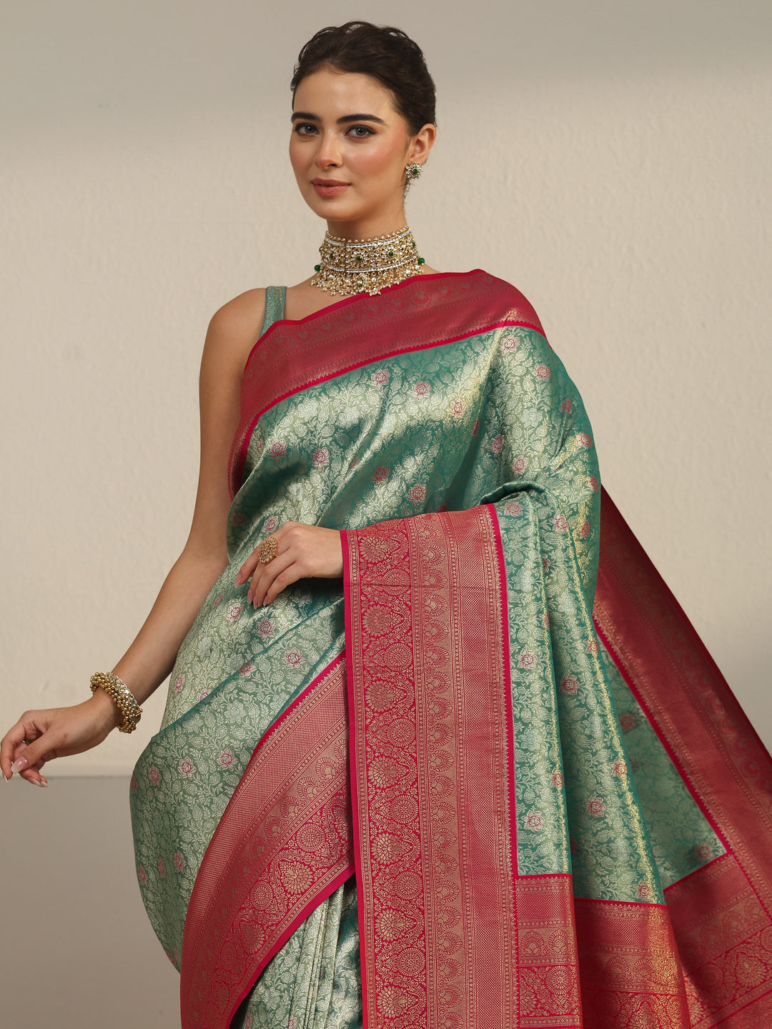  Libas Teal Green and Red Floral Woven Design Silk Blend Saree 