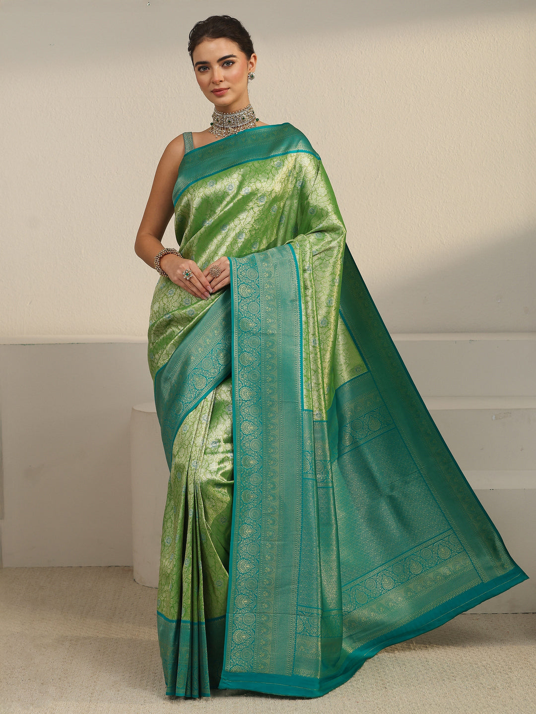  Libas Light Green and Dark Green Floral Woven Design Silk Blend Saree 