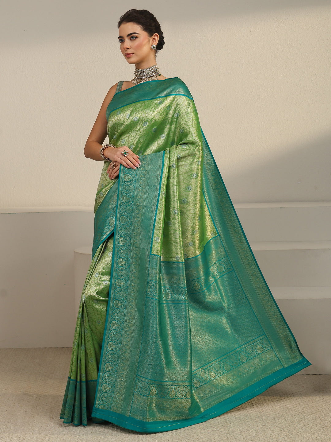  Libas Light Green and Dark Green Floral Woven Design Silk Blend Saree 