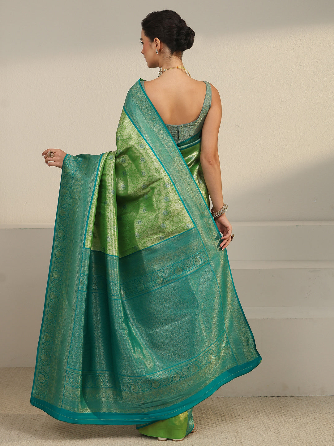  Libas Light Green and Dark Green Floral Woven Design Silk Blend Saree 