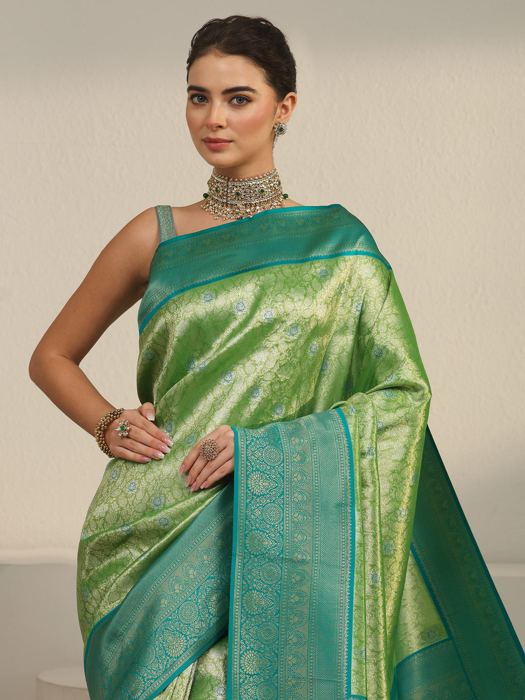 Libas Light Green and Dark Green Floral Woven Design Silk Blend Saree 