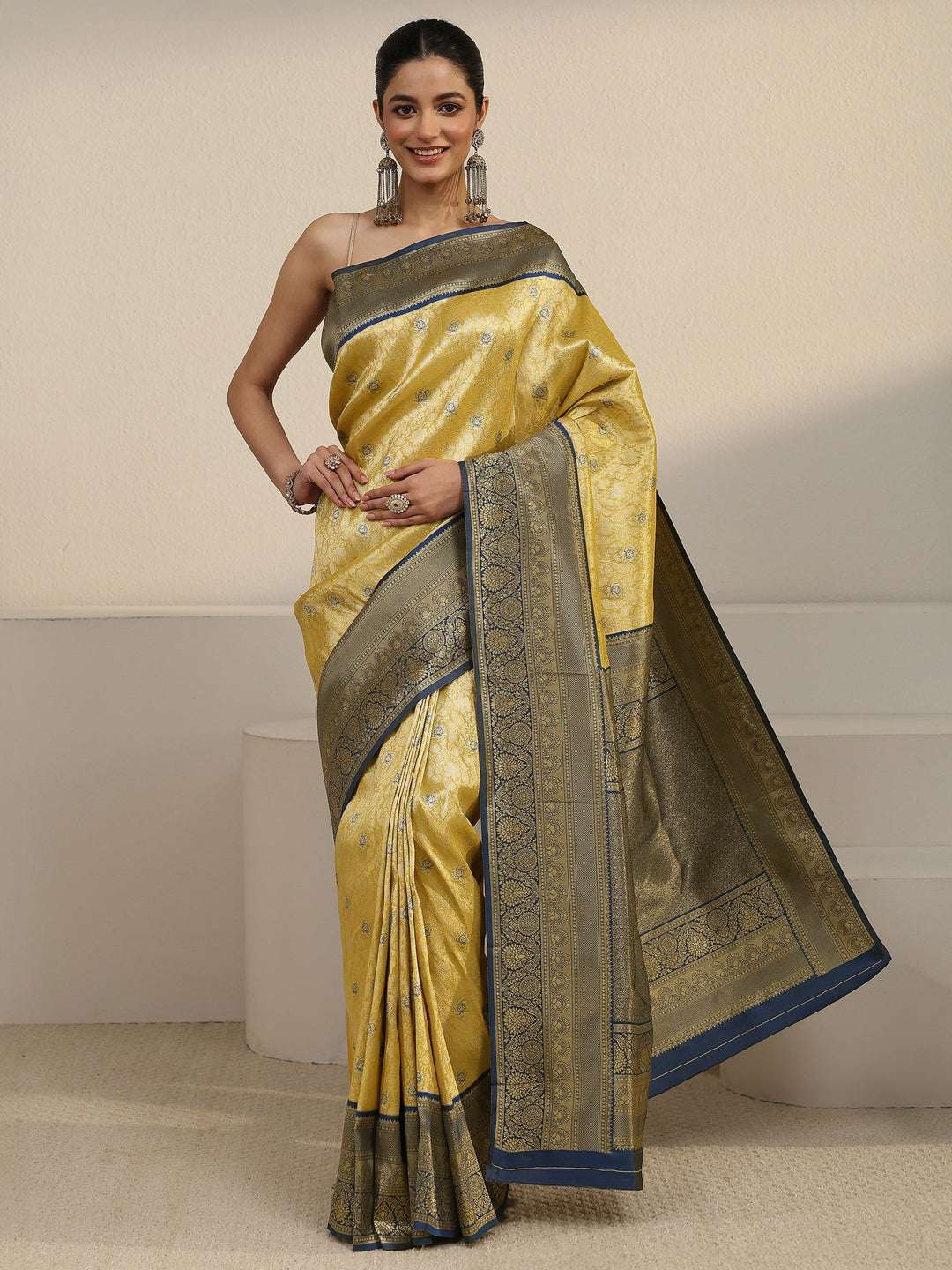  Libas Mustard and Blue Floral Woven Design Silk Blend Saree 
