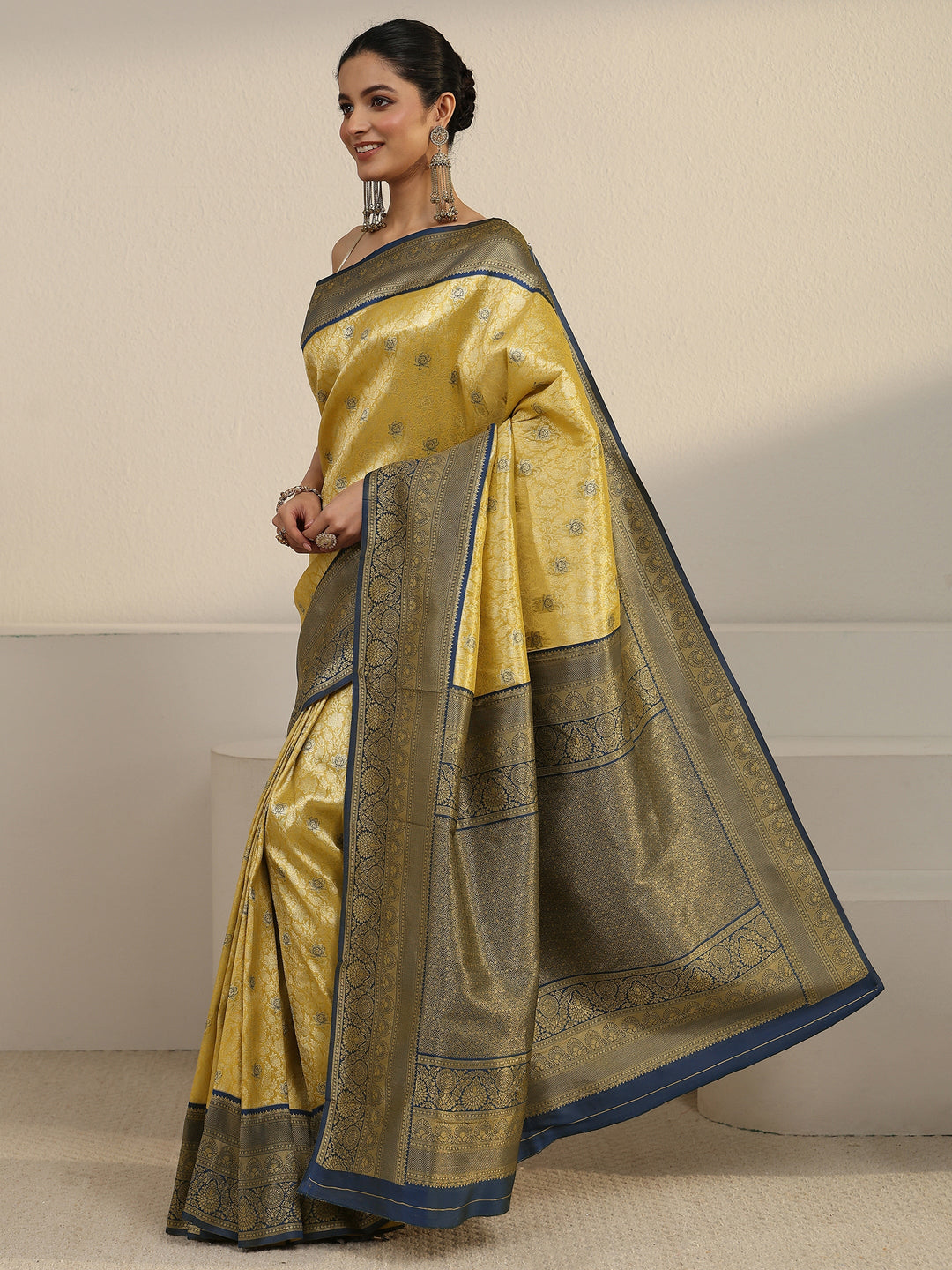  Libas Mustard and Blue Floral Woven Design Silk Blend Saree 