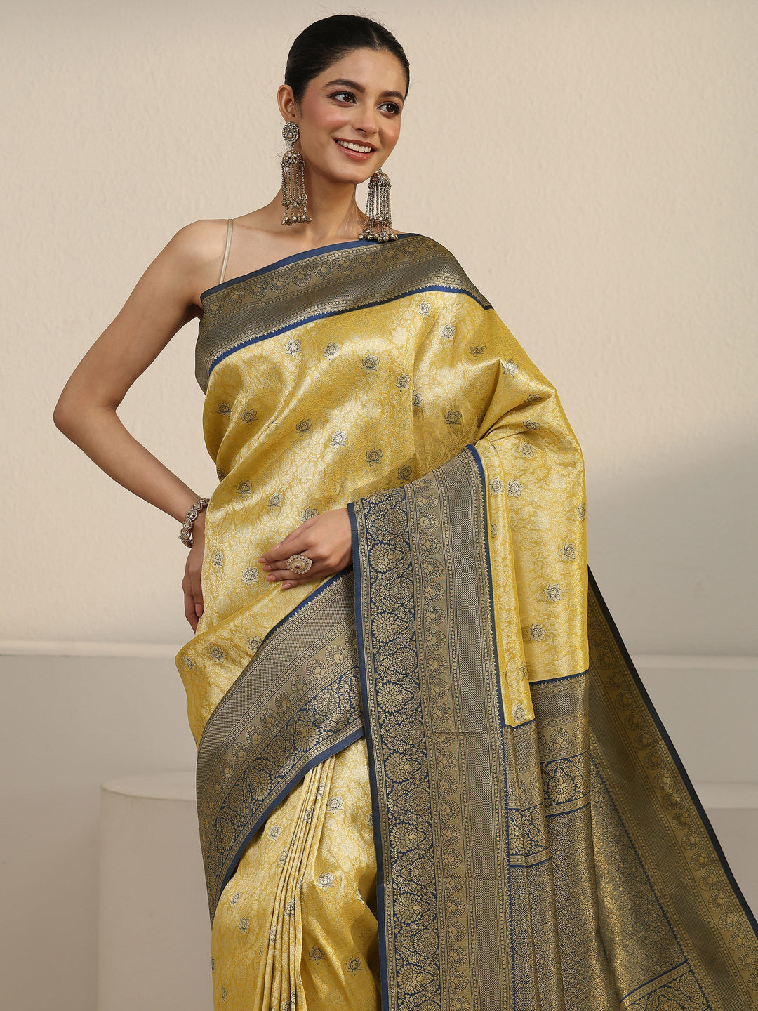  Libas Mustard and Blue Floral Woven Design Silk Blend Saree 