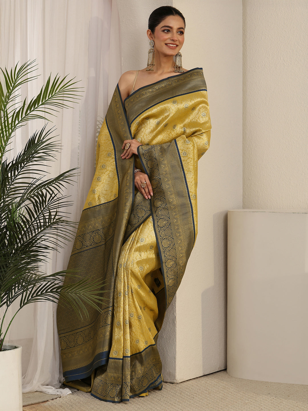  Libas Mustard and Blue Floral Woven Design Silk Blend Saree 