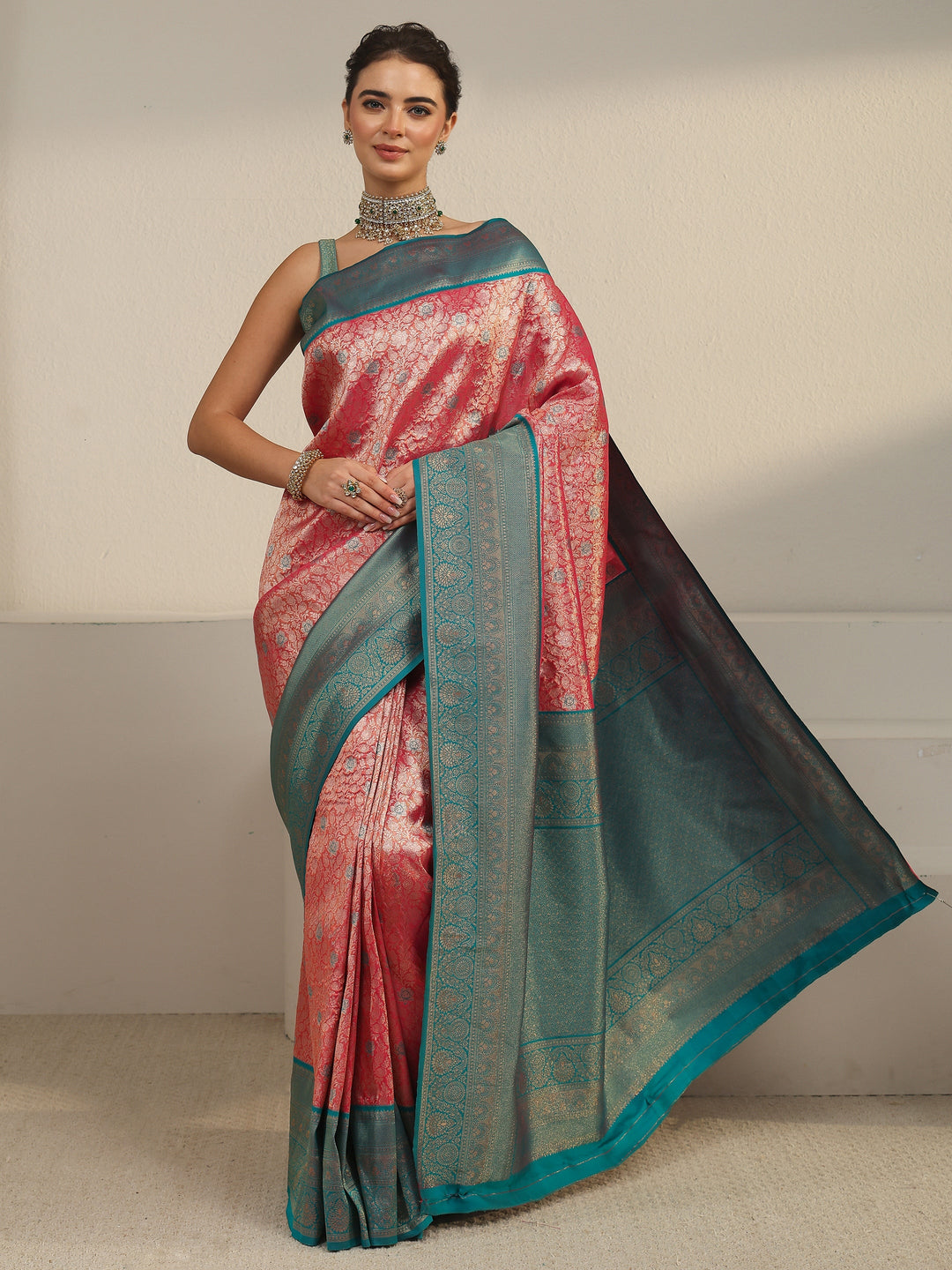  Libas Peach Pink and Blue Floral Woven Design Silk Blend Saree 