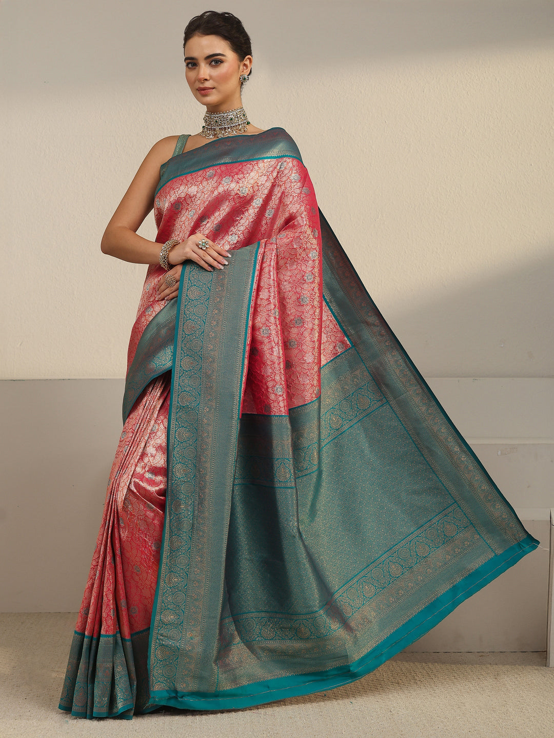  Libas Peach Pink and Blue Floral Woven Design Silk Blend Saree 