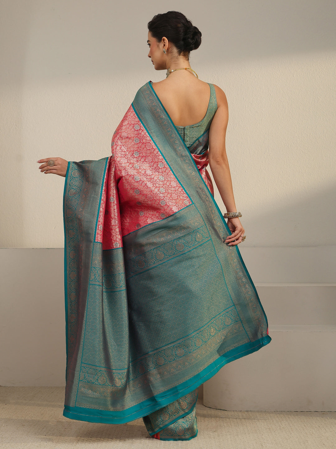  Libas Peach Pink and Blue Floral Woven Design Silk Blend Saree 