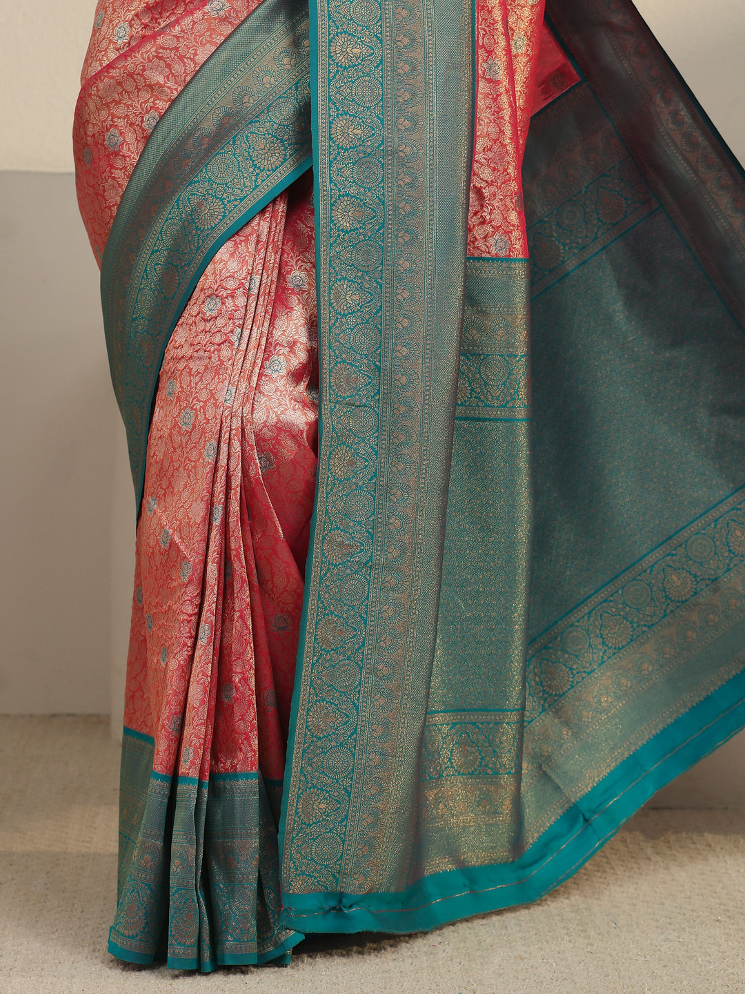  Libas Peach Pink and Blue Floral Woven Design Silk Blend Saree 