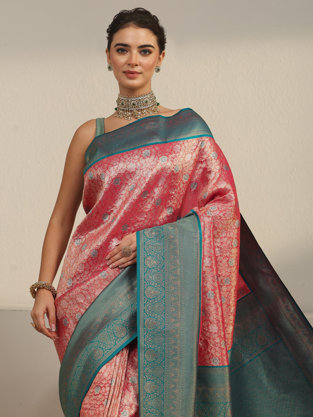  Libas Peach Pink and Blue Floral Woven Design Silk Blend Saree 