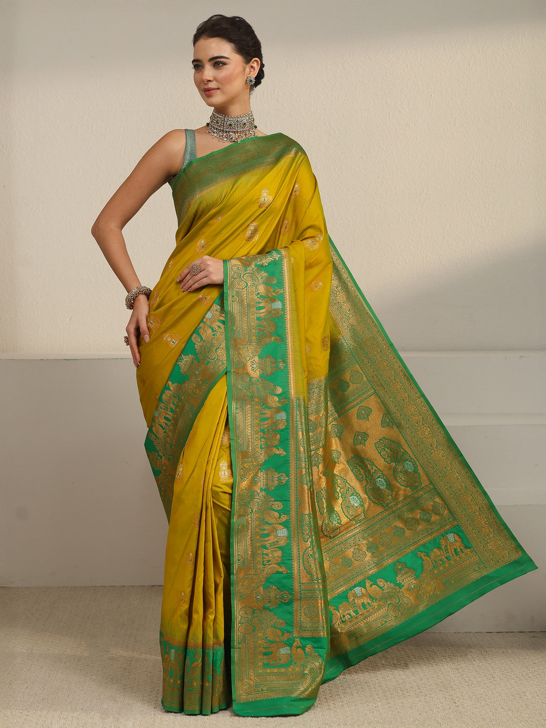  Libas Lemon Green and Green Woven Design Silk Blend Banarasi Saree 