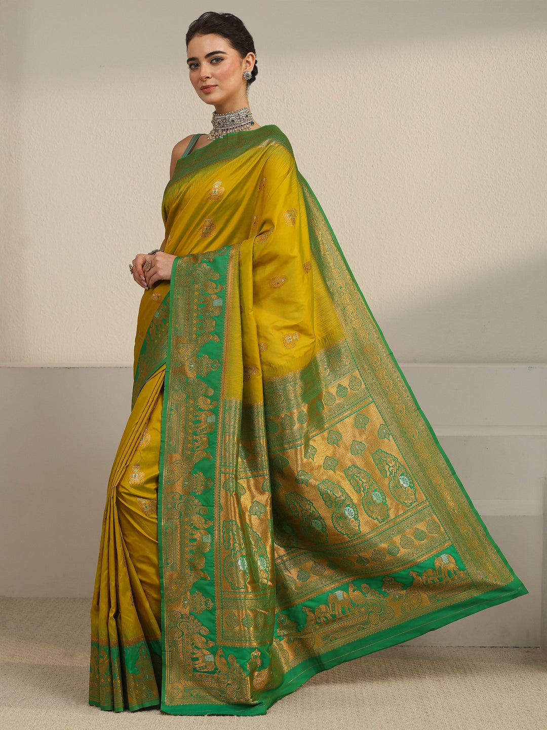  Libas Lemon Green and Green Woven Design Silk Blend Banarasi Saree 