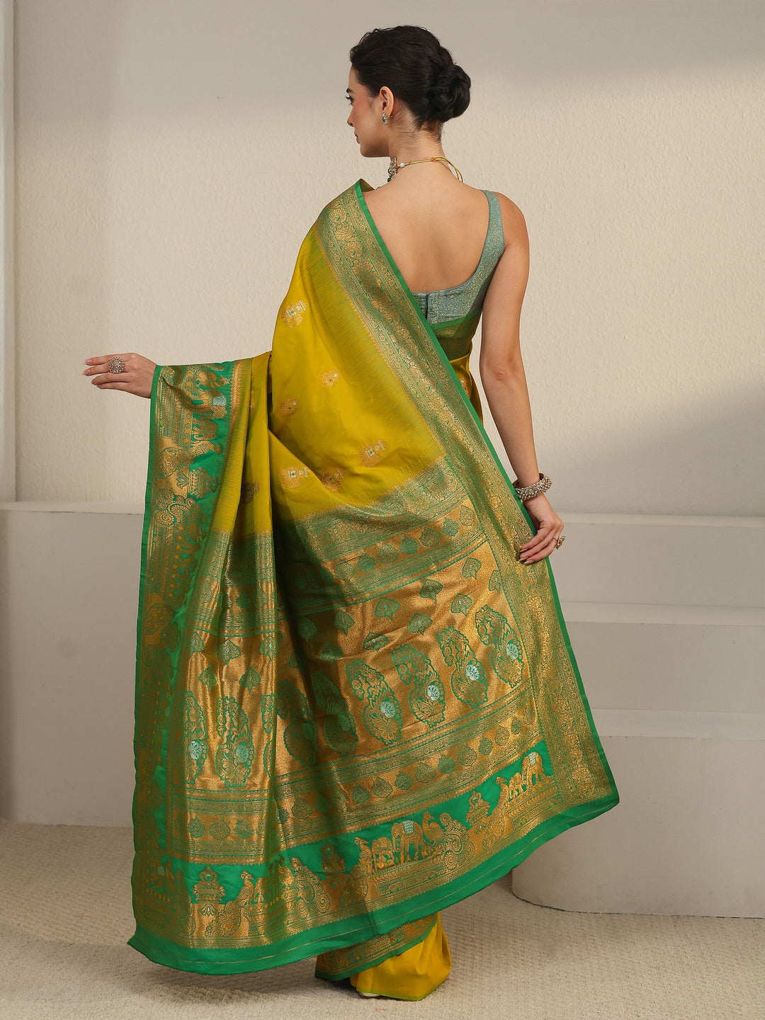  Libas Lemon Green and Green Woven Design Silk Blend Banarasi Saree 