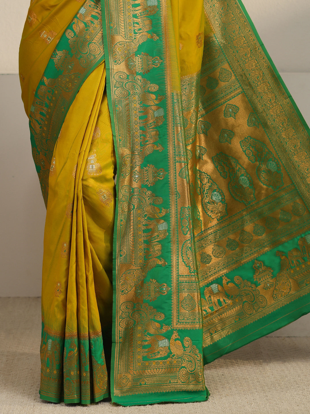  Libas Lemon Green and Green Woven Design Silk Blend Banarasi Saree 