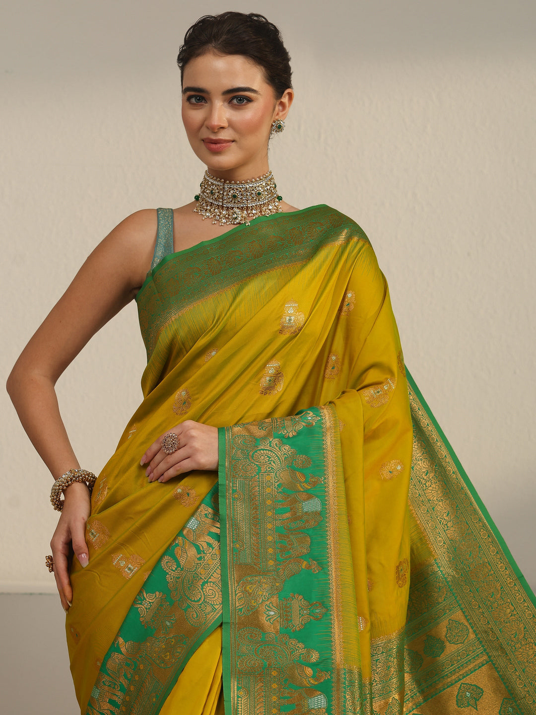  Libas Lemon Green and Green Woven Design Silk Blend Banarasi Saree 