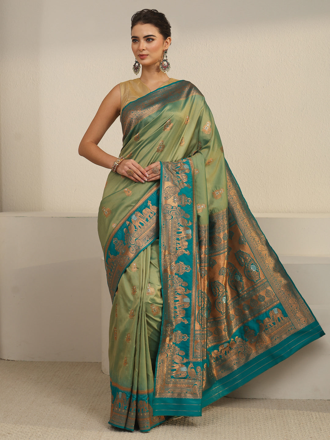  Libas Sap Green and Blue Woven Design Silk Blend Banarasi Saree 