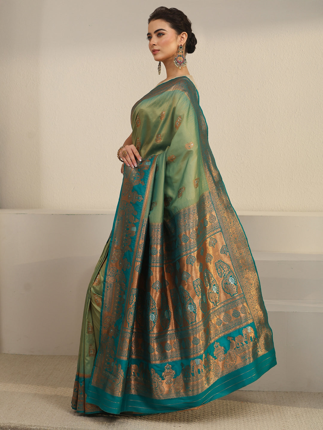  Libas Sap Green and Blue Woven Design Silk Blend Banarasi Saree 