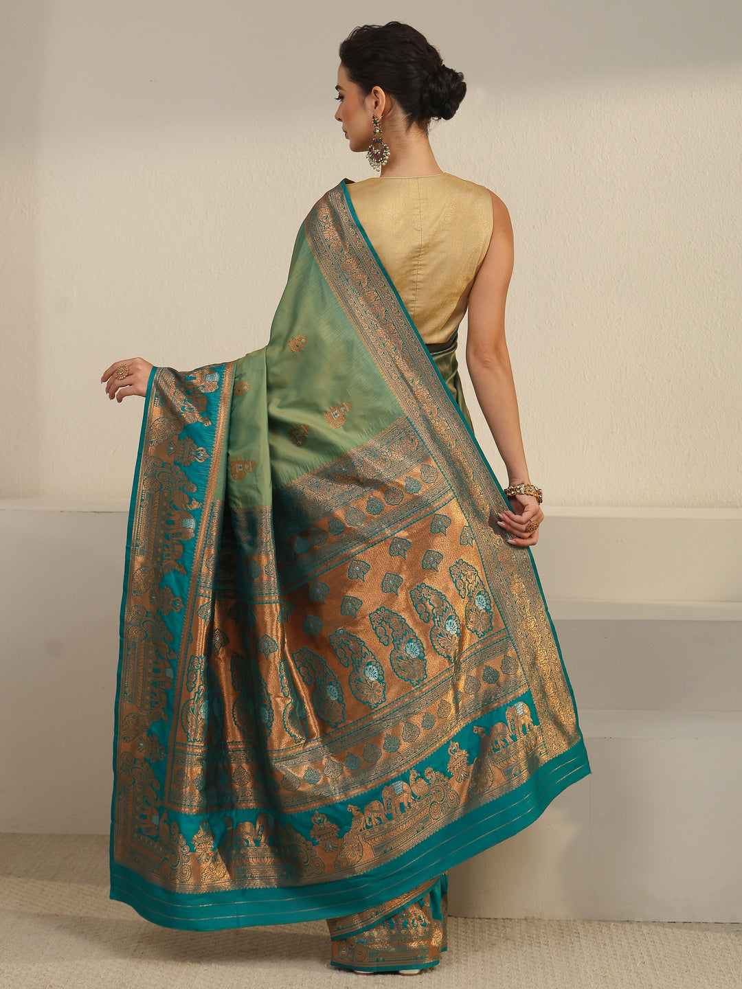  Libas Sap Green and Blue Woven Design Silk Blend Banarasi Saree 
