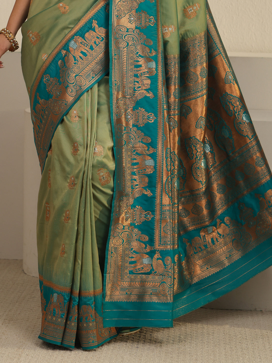  Libas Sap Green and Blue Woven Design Silk Blend Banarasi Saree 