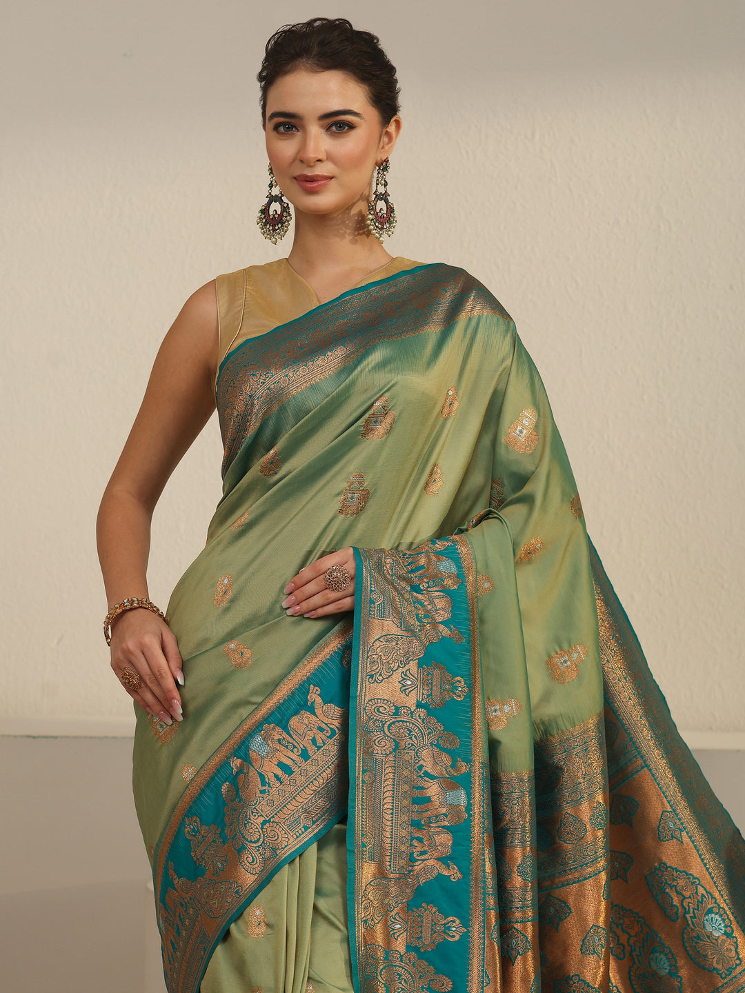  Libas Sap Green and Blue Woven Design Silk Blend Banarasi Saree 