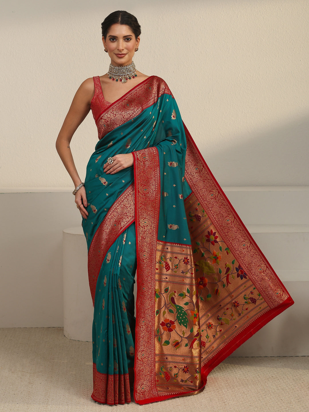  Libas Cerulean Blue and Red Silk Blend Paithani Saree 