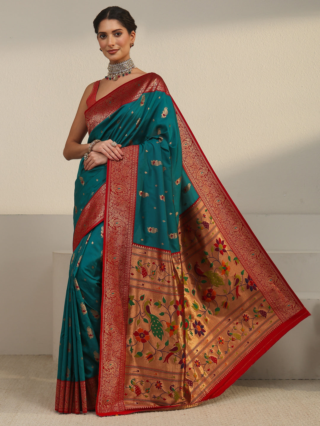 Libas Cerulean Blue and Red Silk Blend Paithani Saree 