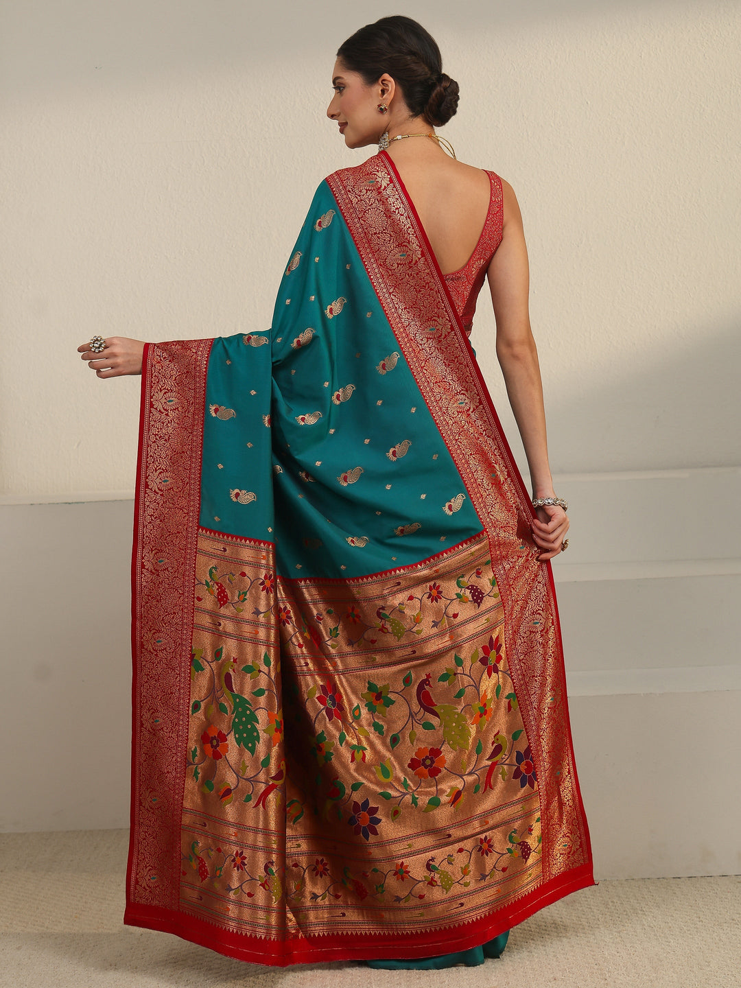  Libas Cerulean Blue and Red Silk Blend Paithani Saree 