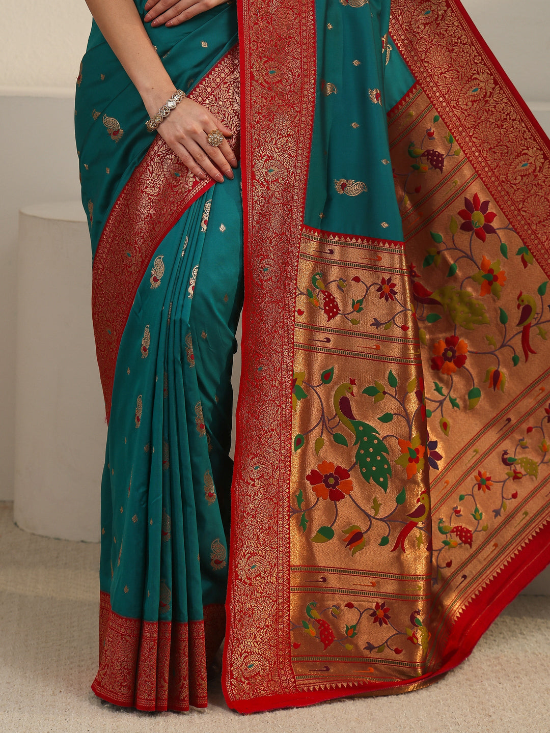  Libas Cerulean Blue and Red Silk Blend Paithani Saree 