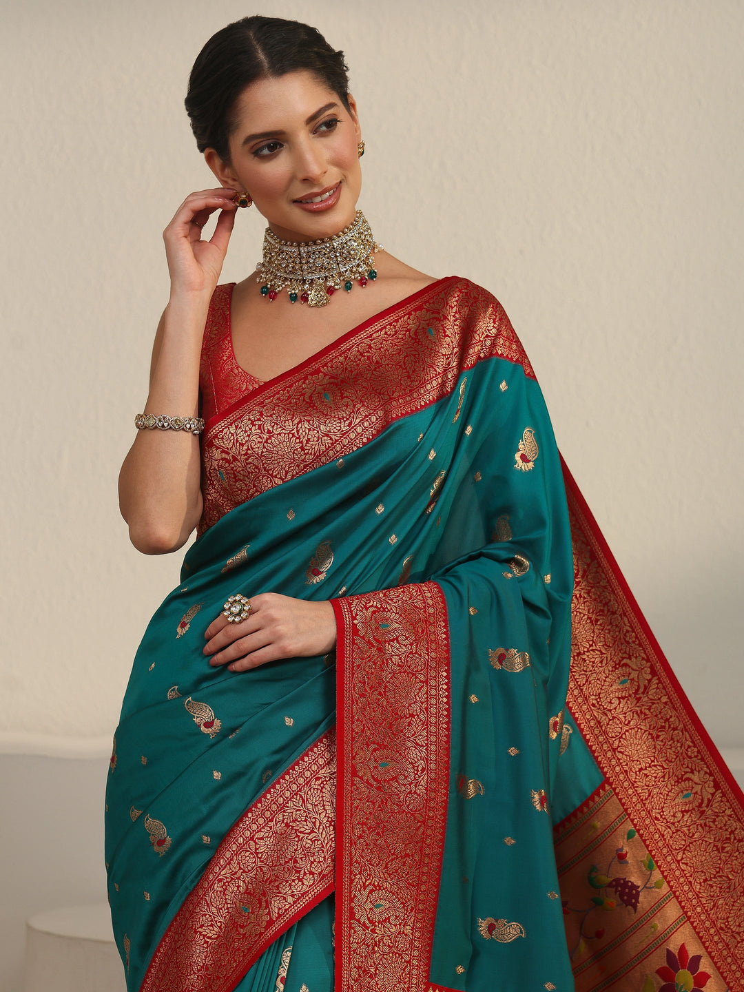  Libas Cerulean Blue and Red Silk Blend Paithani Saree 