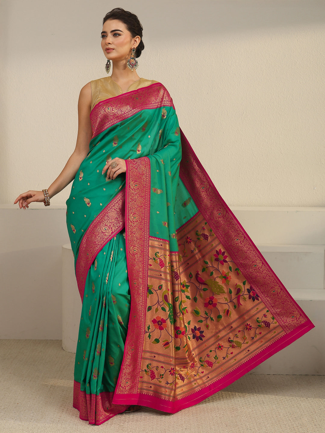  Libas Kelly Green and Pink Silk Blend Paithani Saree 