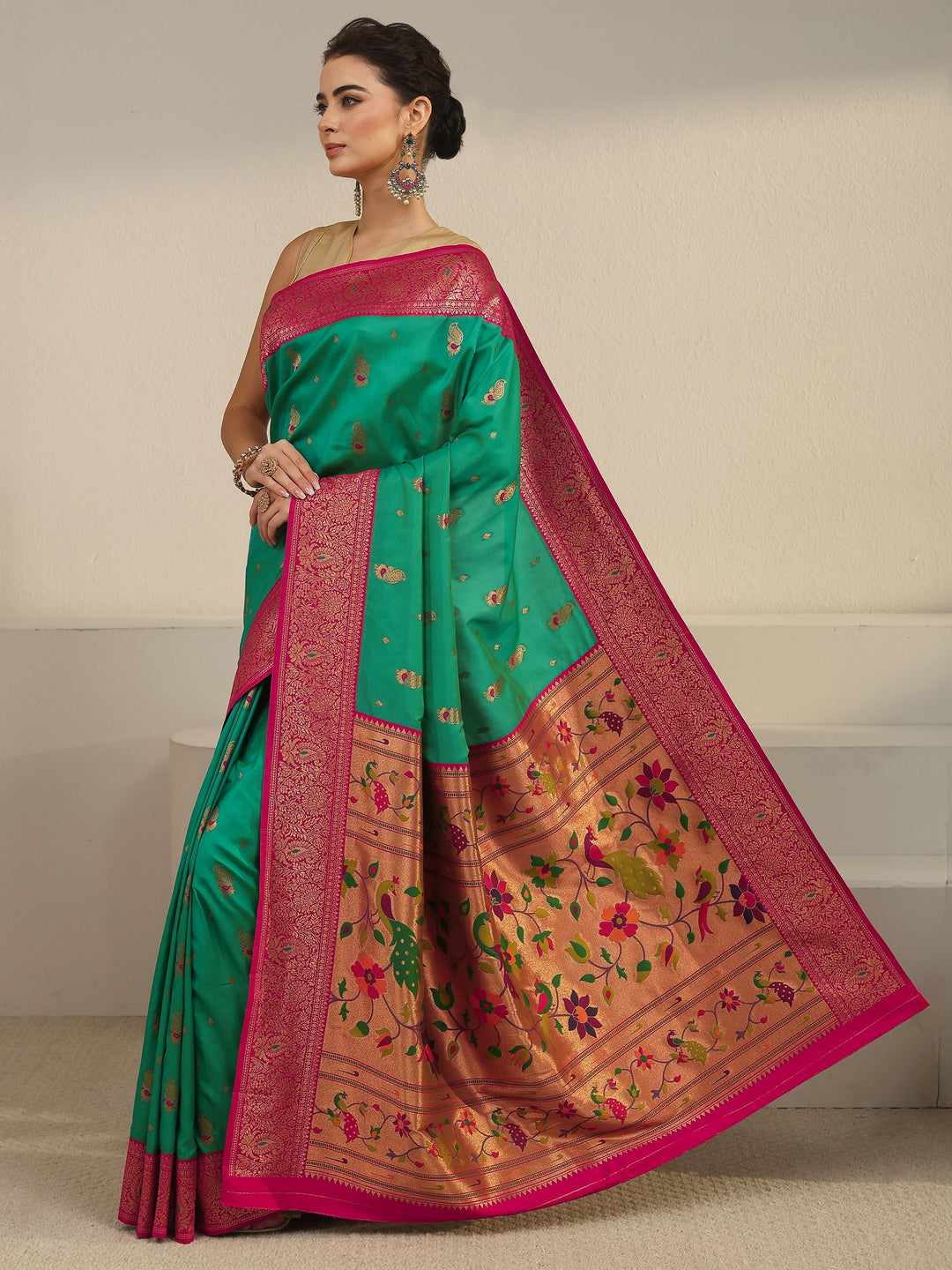 Libas Kelly Green and Pink Silk Blend Paithani Saree 