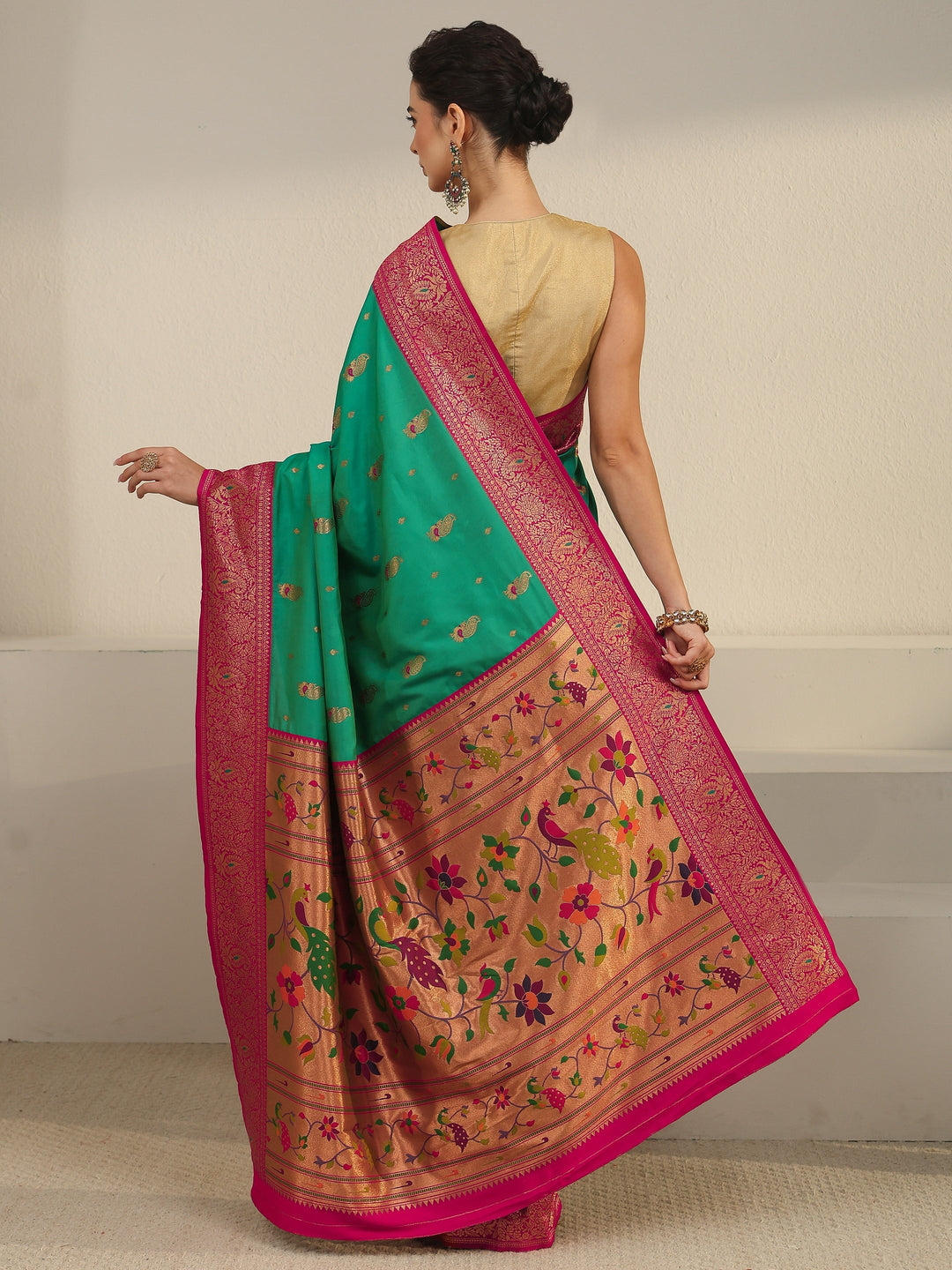  Libas Kelly Green and Pink Silk Blend Paithani Saree 