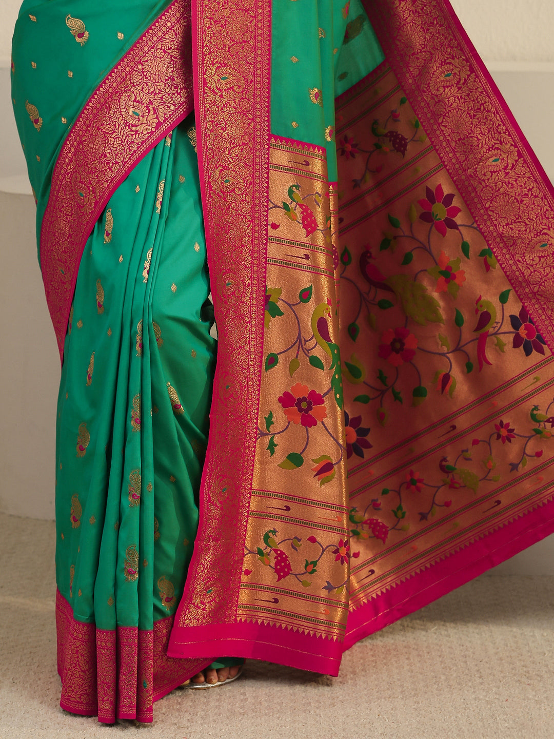  Libas Kelly Green and Pink Silk Blend Paithani Saree 