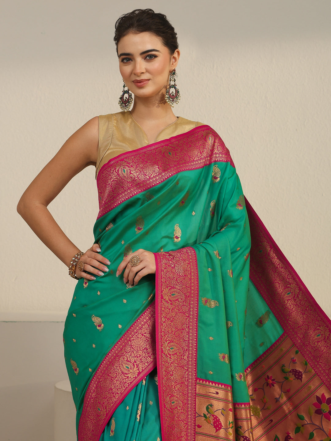  Libas Kelly Green and Pink Silk Blend Paithani Saree 