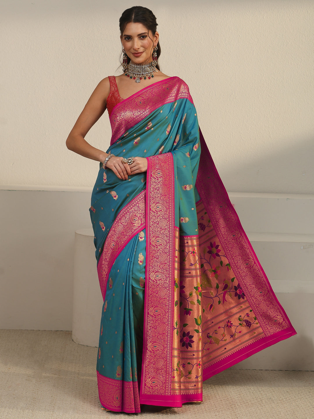  Libas Aqua Blue and Pink Silk Blend Paithani Saree 